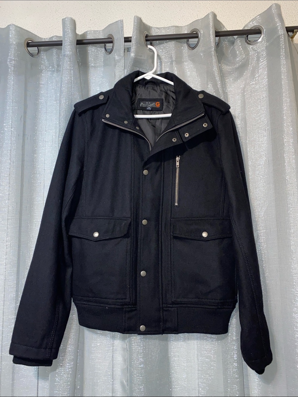G by Guess Black Bomber Jacket with Chest Zip and Flap Pockets